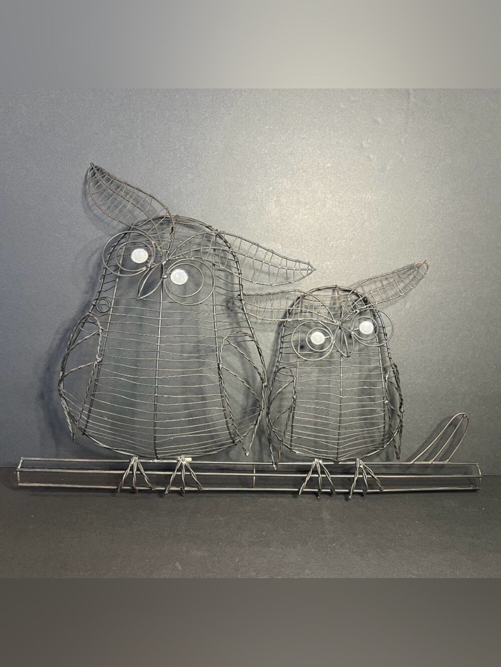 Decorative Metal Wire Owls w/ White Gem Eyes on a Branch Wall Art 12.75 x 18"